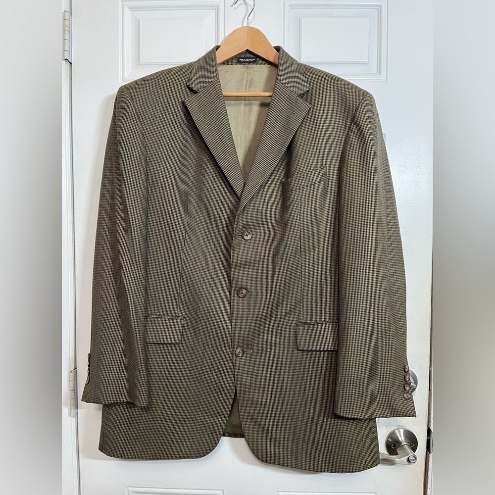 Oscar de la Renta Mens 44L Wool Blazer Brown Houndstooth Sport Coat Vintage